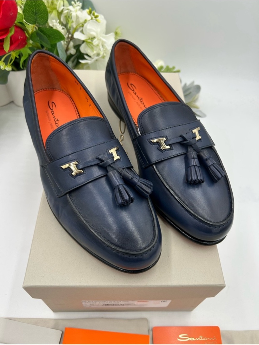 Men’s Santoni blue leather tassel loafer size 9 US made in Italy